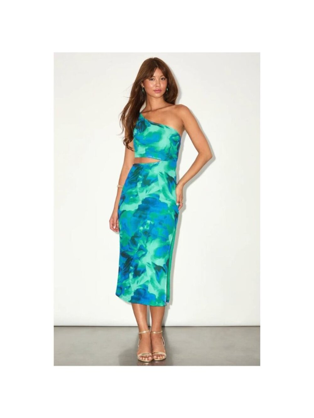 Lulus Ismerida Green Blue Abstract Mesh One Shoulder Midi Dress Bodice Cutout Me